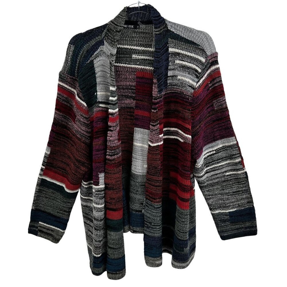NIC ZOE Womens 3X Wool Cotton Blend Knit Geometric Open Cardigan Sweater Cozy